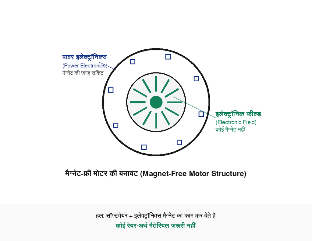 	मैग्नेट-फ्री मोटर का चित्र, जिसमें पावर इलेक्ट्रॉनिक्स (Power Electronics) और इलेक्ट्रॉनिक फील्ड (Electronic Field) मैग्नेट की जगह काम करते हैं