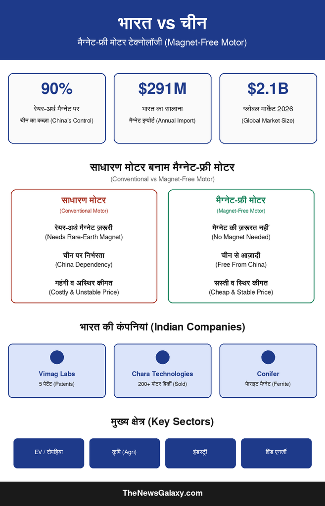 भारत बनाम चीन: मैग्नेट-फ्री मोटर (Magnet-Free Motor) का इन्फोग्राफिक, जिसमें चीन का 90% कब्ज़ा, भारतीय कंपनियां और मुख्य क्षेत्र दिखाए गए हैं